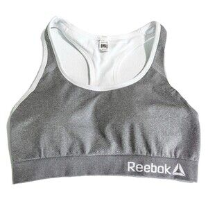 Reebok Womens Sports Bra Padded Racerback Gray w/ White Trim Sz Small EUC